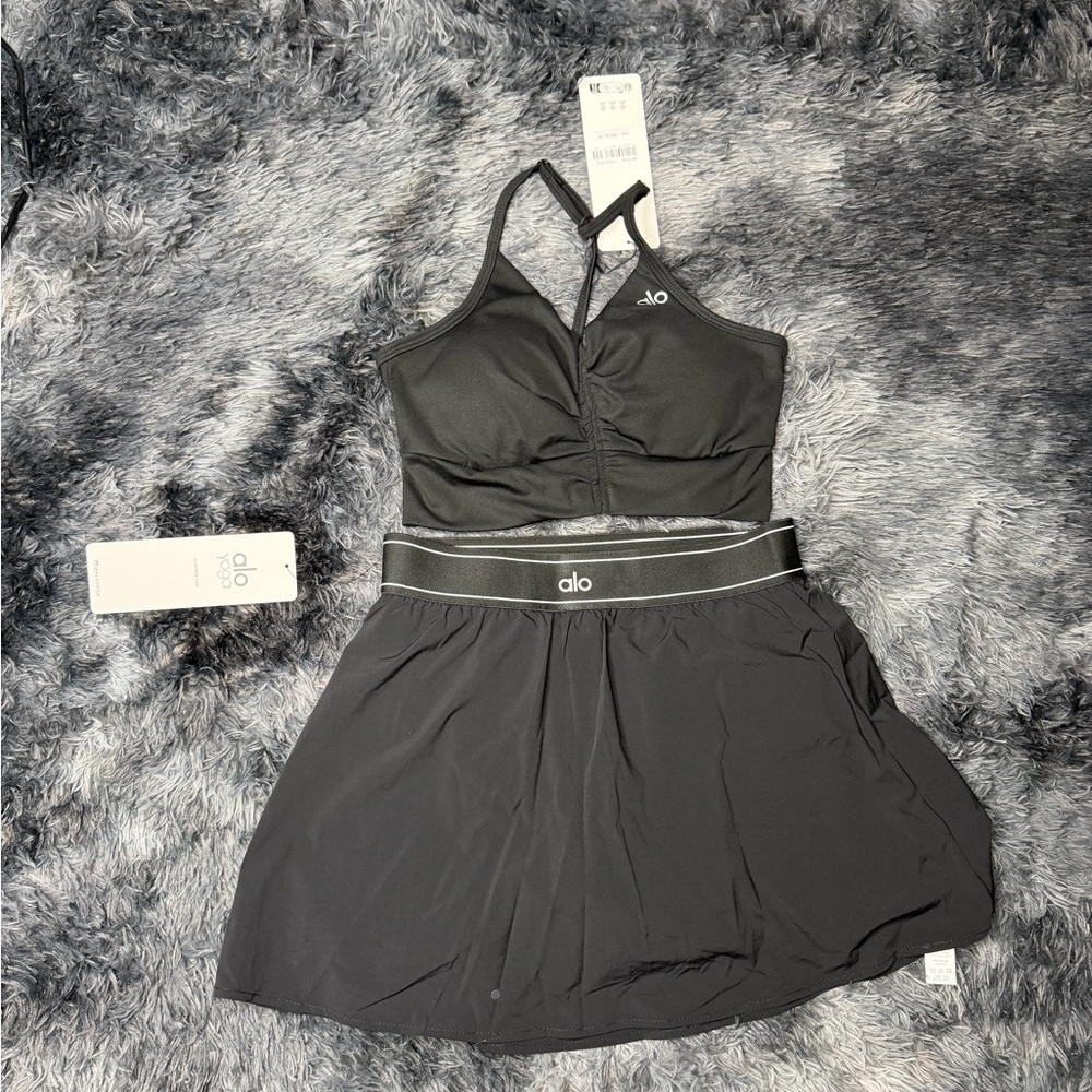 ALO Yoga Black Sports Bra and Matching Skirt Set